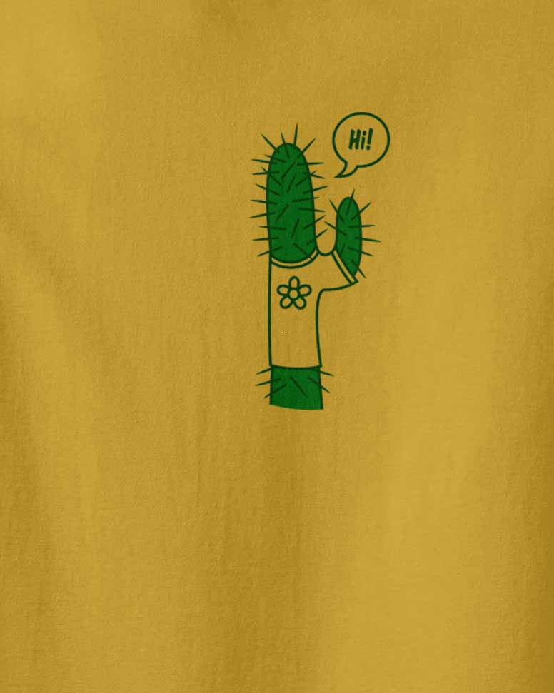 cactus tshirt for kids. Aponia store yellow tee with graphic of a green cactus saying Hi with the hand 