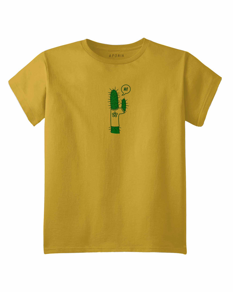 cactus tshirt for kids. Aponia store yellow tee with graphic of a green cactus saying Hi with the hand 