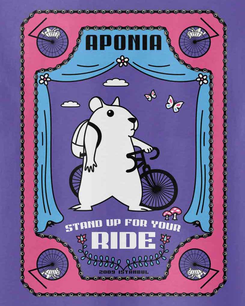 Hamster tshirt in Aponia Store. The graphic is a hamster standing by his bike. text: Aponia! stand up for your ride