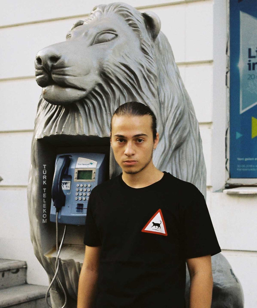 Istanbul tshirt. A guy is standing next to a lion telephone booth and wearing Istanbul Cat t-shirt of Aponia Store.