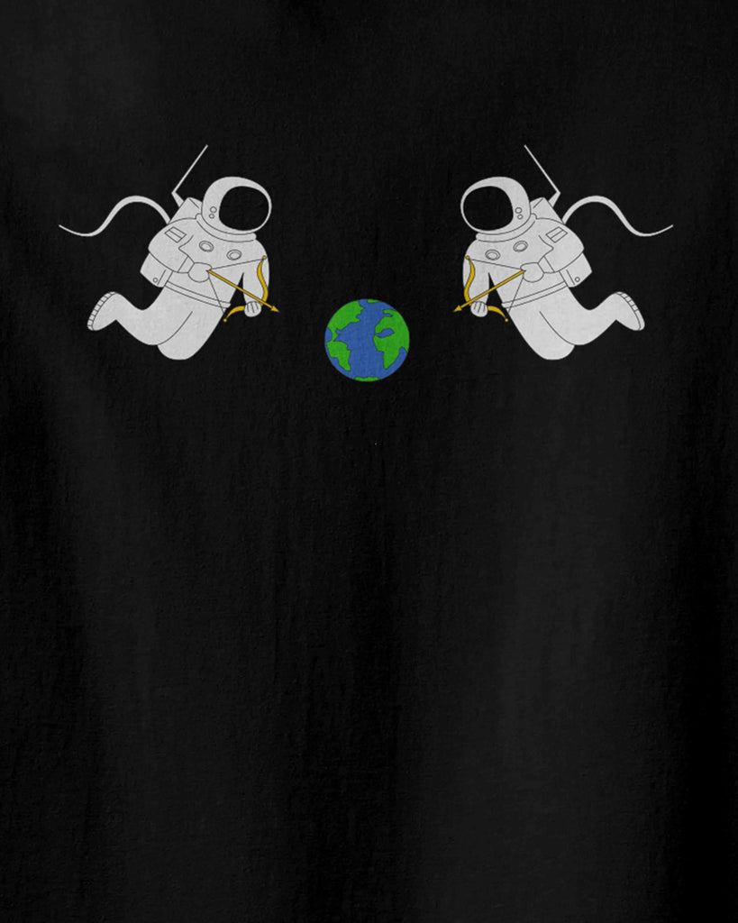 Astronaut tshirt in black, with graphic of two astronauts holding Archery like cupids and the the Earth is between them. Aponia Store