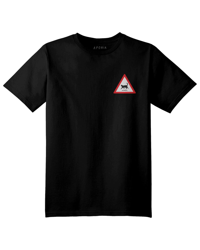 Cat tshirt,A black t shirt with the graphic of a walking cat triangle traffic sign and underwritten of Istanbul