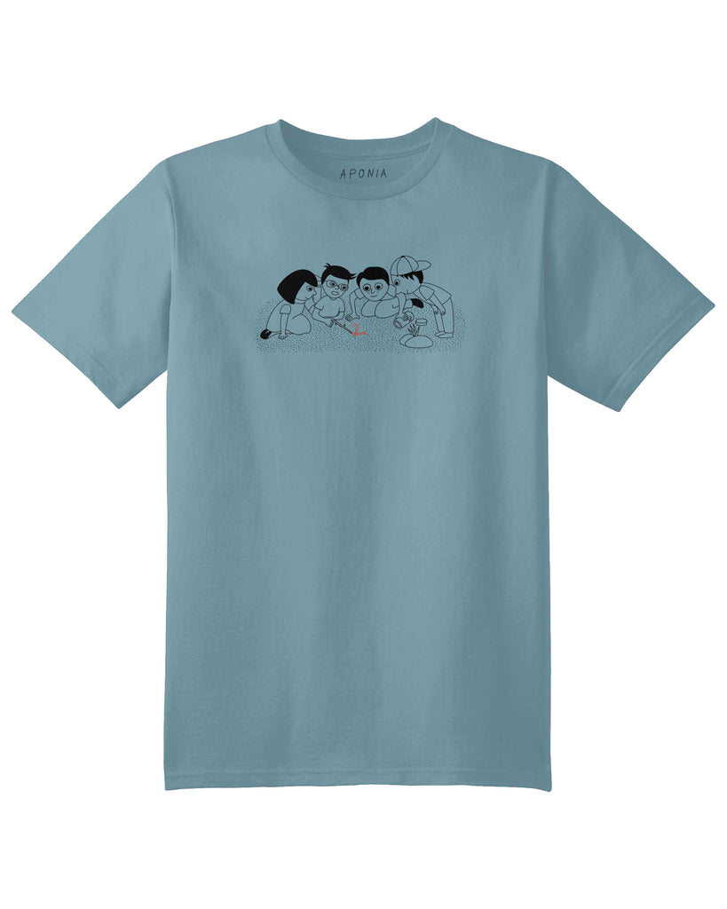 Bug tshirt, A sky blue t shirt with the graphic of four kids playing with Aponia Bug