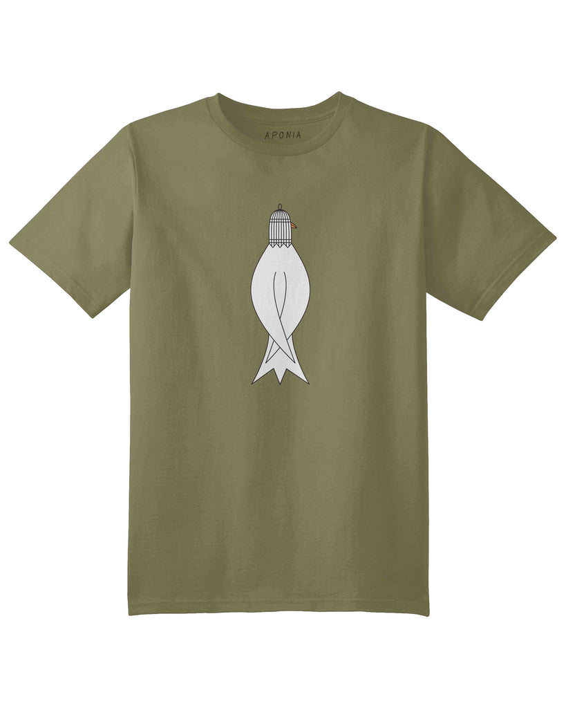 An olive green t shirt with the graphic of a bird with a cage on head