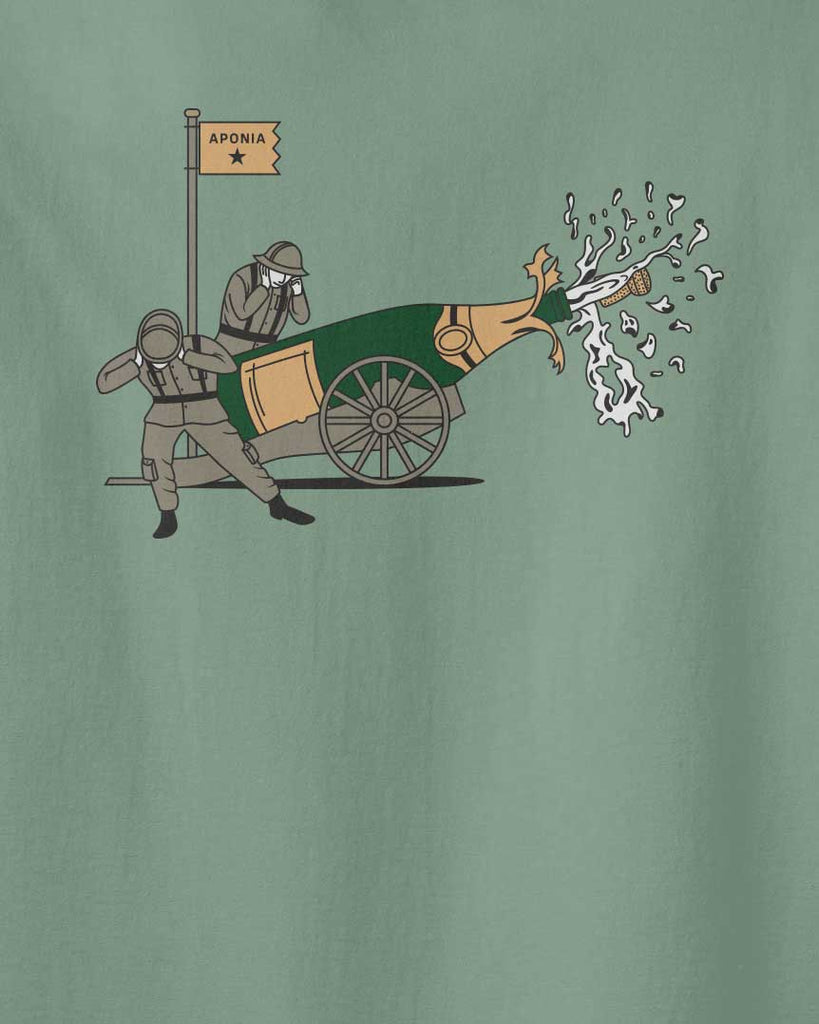 graphic of two soldiers shooting a champagne tank, Aponia tshirts