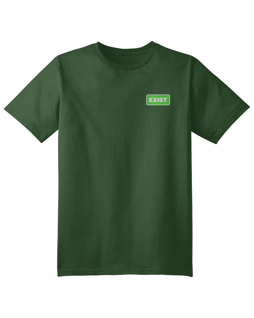Exist tshirt in green color with a text on the left side: Exist