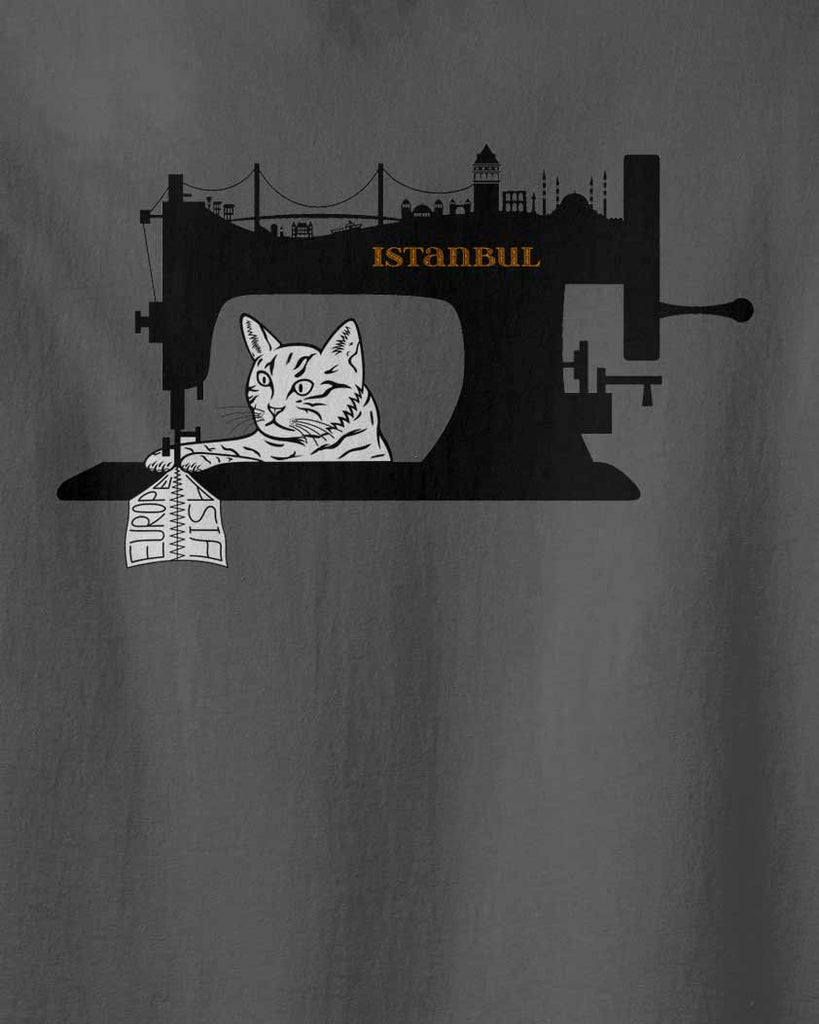 The graphic of an Istanbul cat with a sewing machine, connecting Asia to Europe 