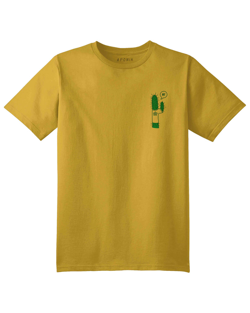 A yellow t shirt with the graphic of a little cactus saying hi!