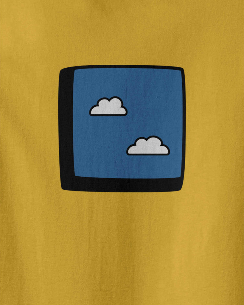 The graphic of a window to blue sky with clouds