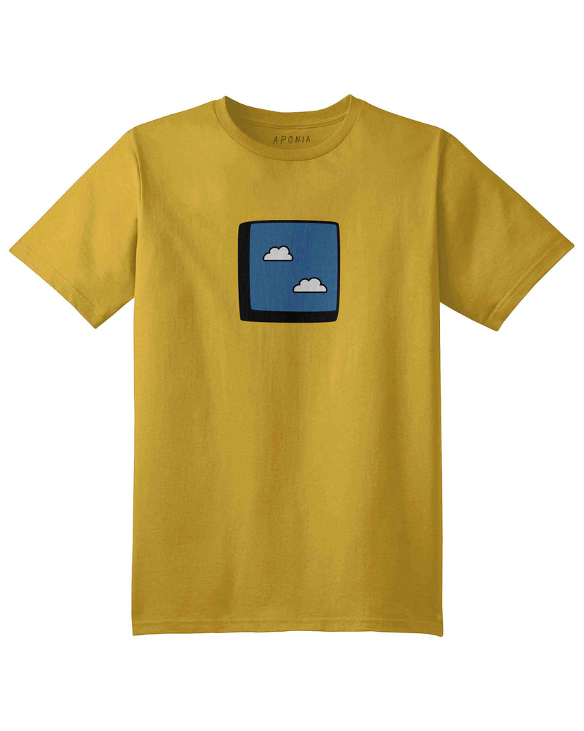 A yellow t shirt with the graphic of a window to blue sky with clouds