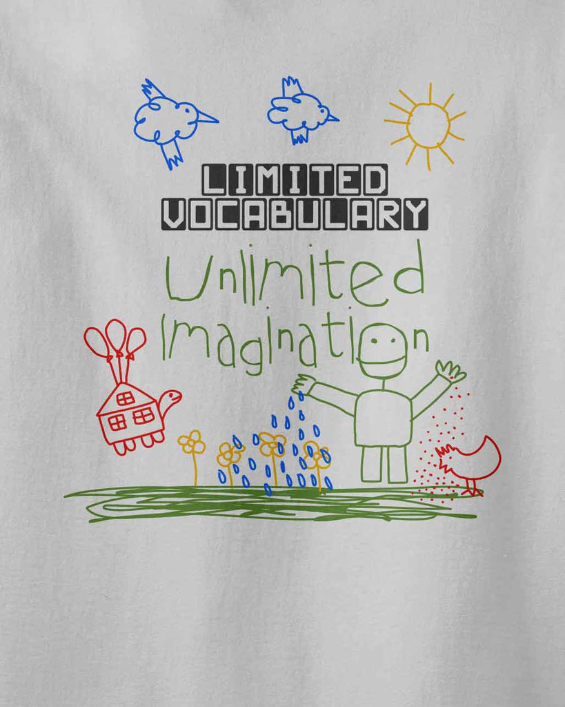 aponia t shirt for kids with the graphic of a happy kid in nature with the text limited vocabulary, unlimited imagination