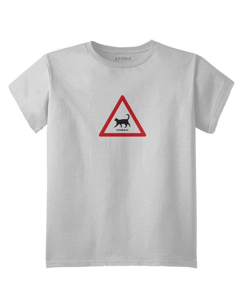 Istanbul cats tshirt-aponia store-graphic of a triangle traffic sign with a cat inside and the text Istanbul 
