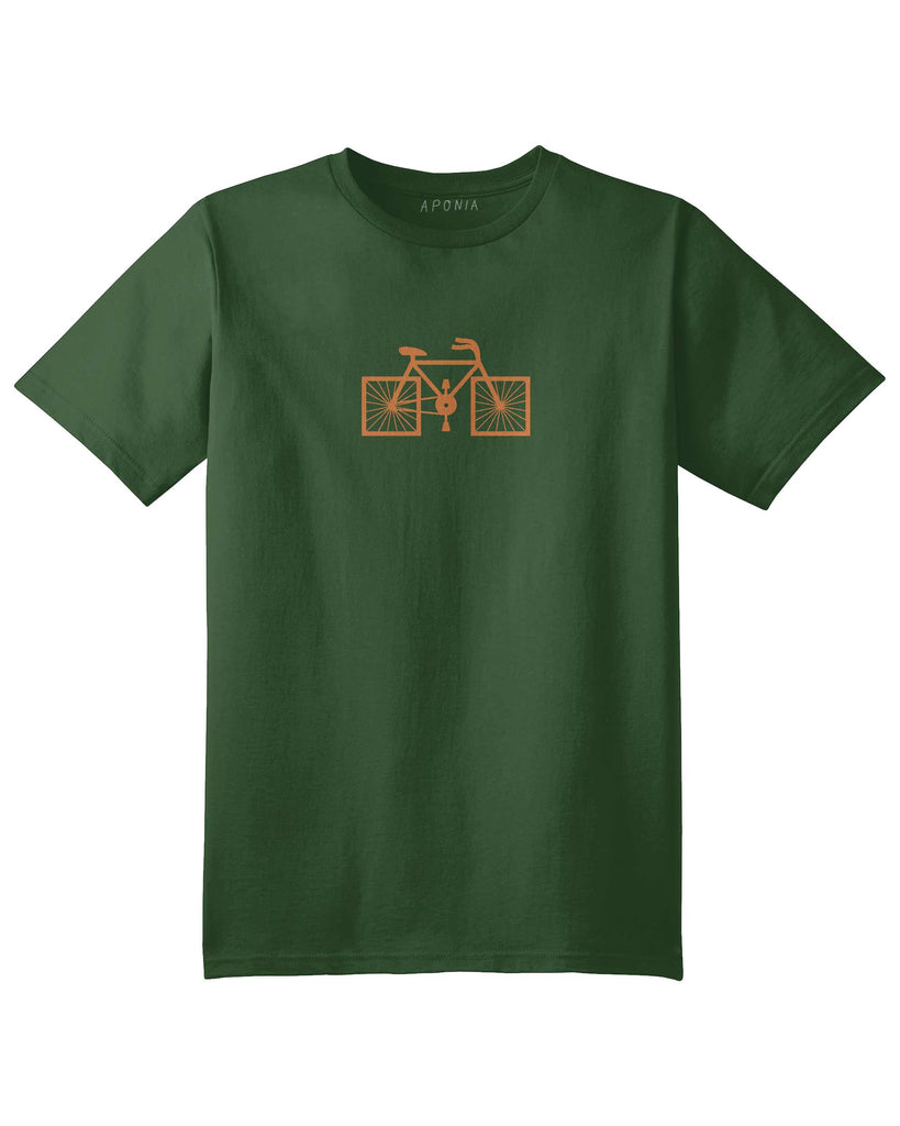 square wheel bike tshirt, bisquare is a green tshirt in Aponia Store with the graphic of a bicycle with square wheels  