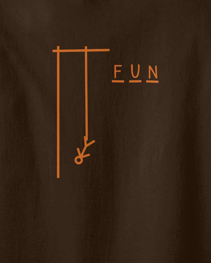 hangman shirt, fun tshirt in brown, with the graphic of hangman and the text FUN, Aponia Store 