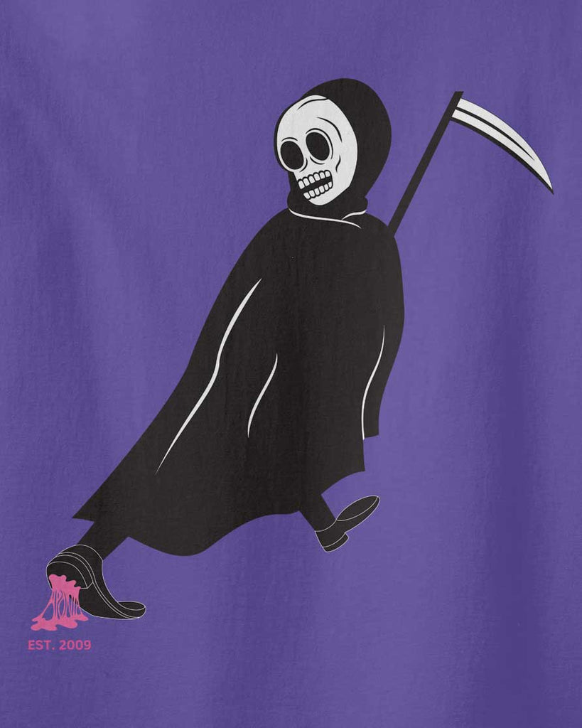 death angel tshirt in purple with the graphic of a death angle geting stock with a pink gum. text: aponia IST 2009