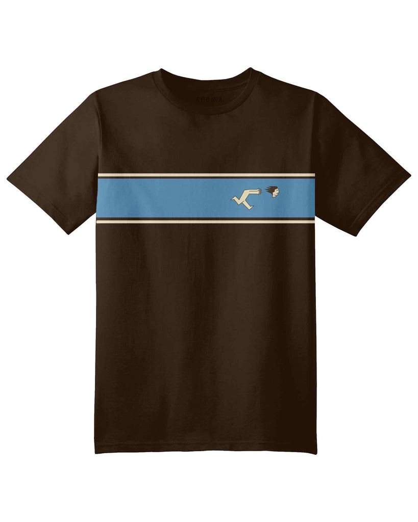 Aponia Head tshirt in brown color, with blue stripe. The graphic of a man chasing to catch his head