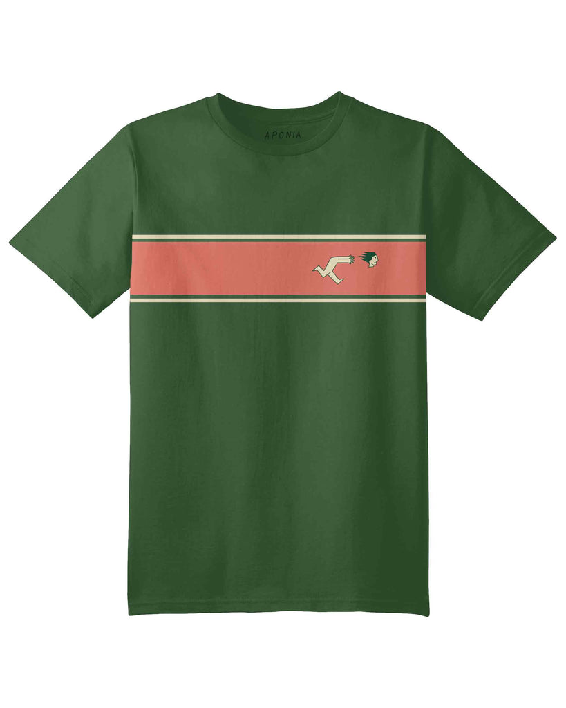 Aponia Head tshirt in green color, with orange stripe. The graphic of a man chasing to catch his head