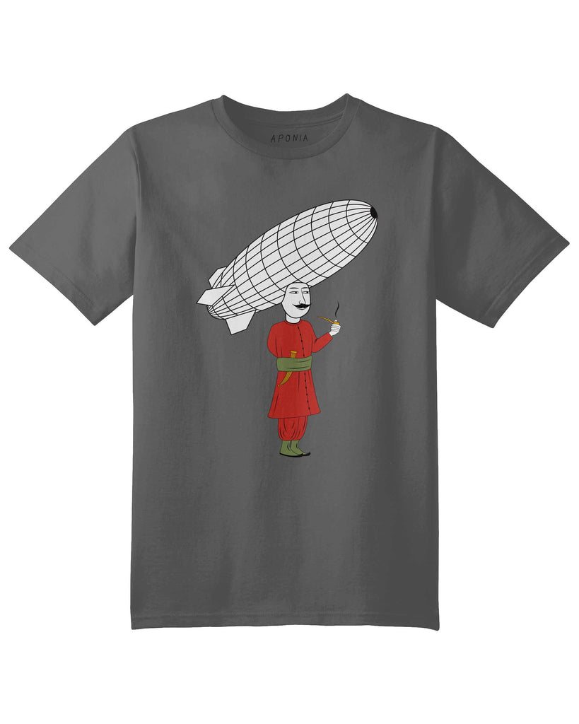 Zeppelin t shirt in gray color. A Turkish man from Ottoman time vaping and his head is as big as a zeppelin