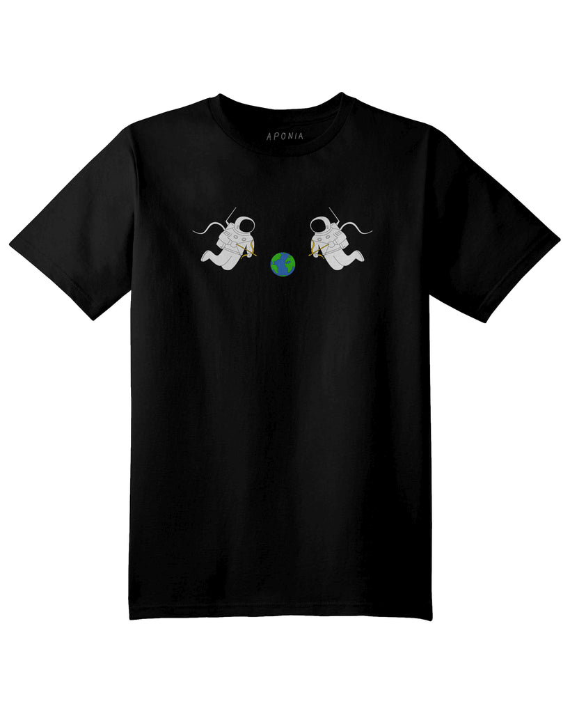 Astronaut tshirt in black, with graphic of two astronauts holding Archery like cupids and the the Earth is between them. 