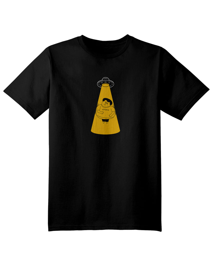 A black t shirt with a graphic of a UFO wants to take Aponia Boy, but can't cause Aponia is too fat!