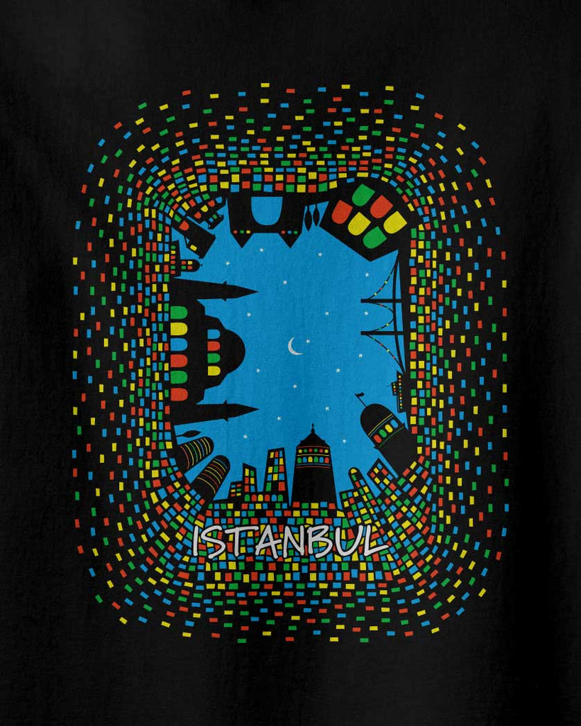 a graphic of Istanbul nights with colorful windows , Aponia tshirts