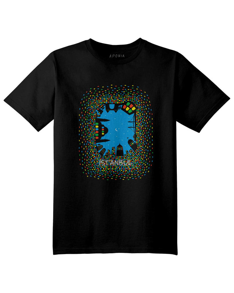 Aponia Mosaic tshirt in black color, a graphic of Istanbul nights with colorful windows 