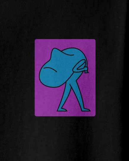 Sackhead tshirt in black with graphic of a man carrying his head on his shoulder as a sack. Aponia Store