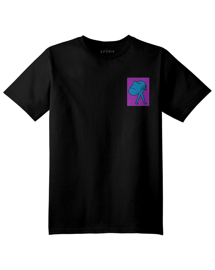 Sackhead tshirt in black with graphic of a man carrying his head on his shoulder as a sack. Aponia Store