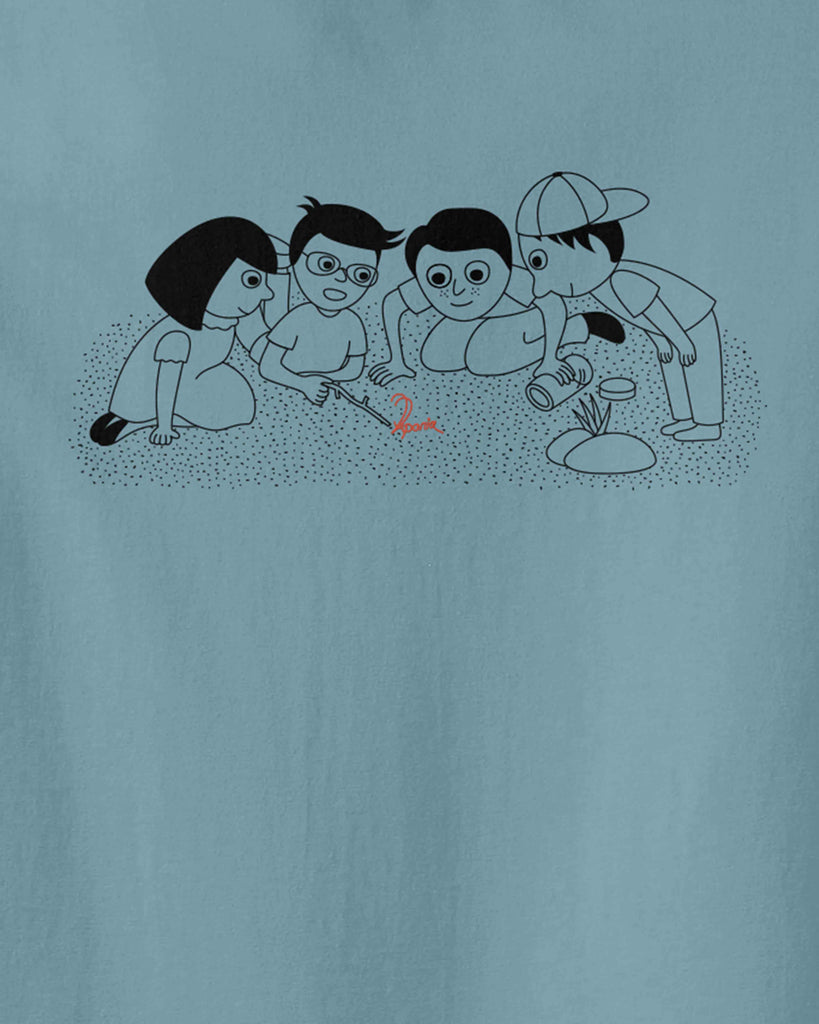 bug tshirt, graphic of four kids playing with Aponia Bug