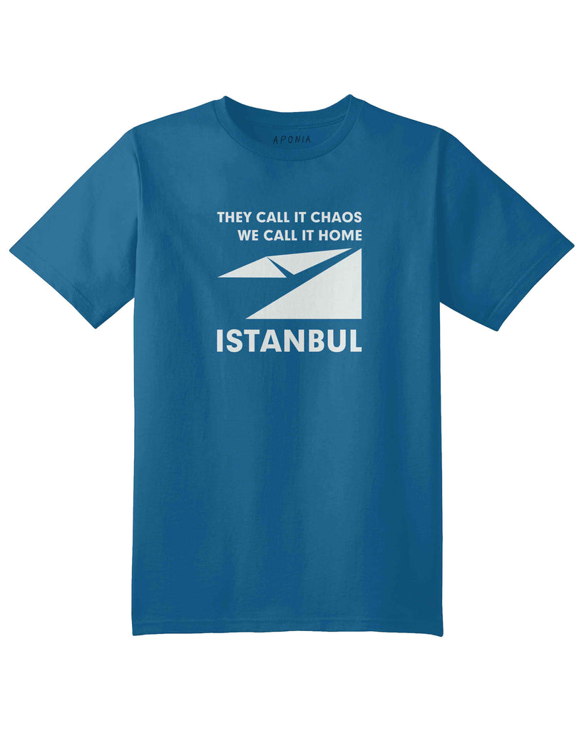 A blue t shirt with the graphic of Istanbul map logo and slogan of "they call it chaos,we call it home"