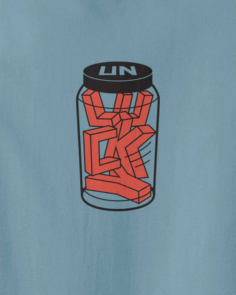 The graphic of LUCKY words are trapped in a jar with "UN" lid 