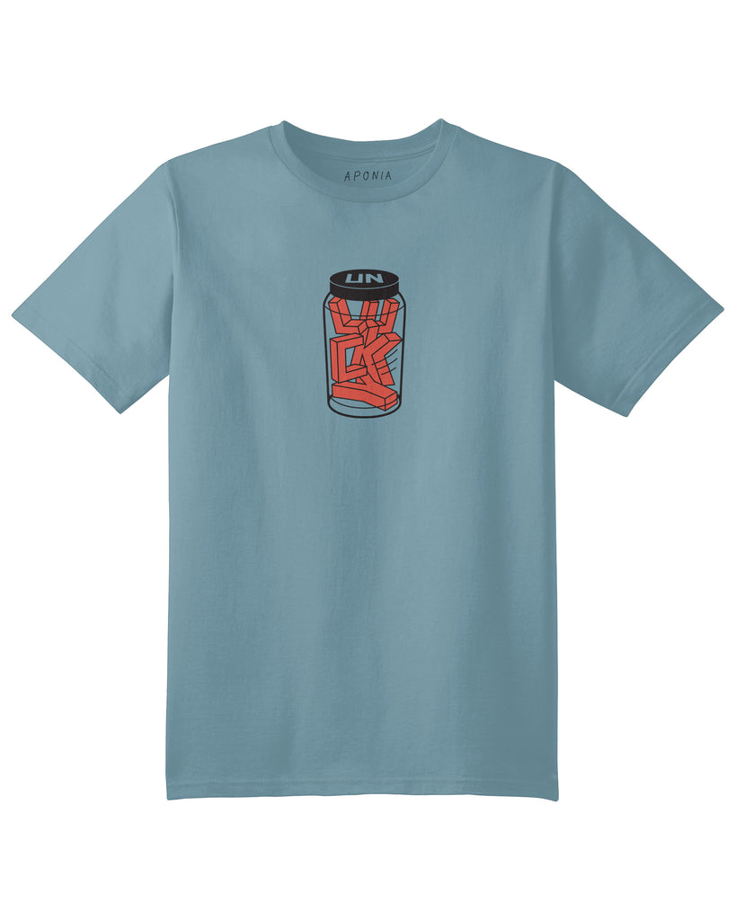 A blue t shirt with a graphic of LUCKY words are trapped in a jar with "UN" lid 