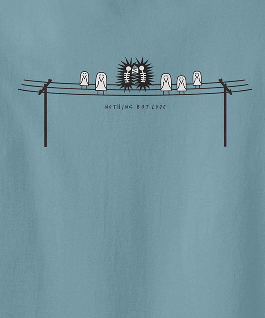 Kiss tshirt. Graphic of 7 birds sitting on the electric wire and two of them kissing and being shocked. text: nothing but love. Aponia Store