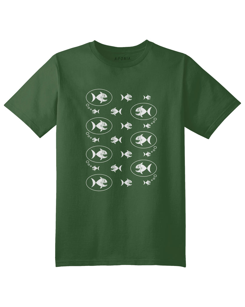A green t shirt with a graphic of the big fish chasing the small fish that dreams to be a big fish