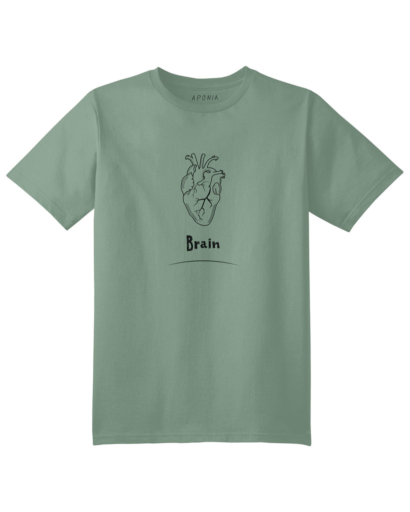 A green graphic tee with the real heart print and the text: Brain print underneath
