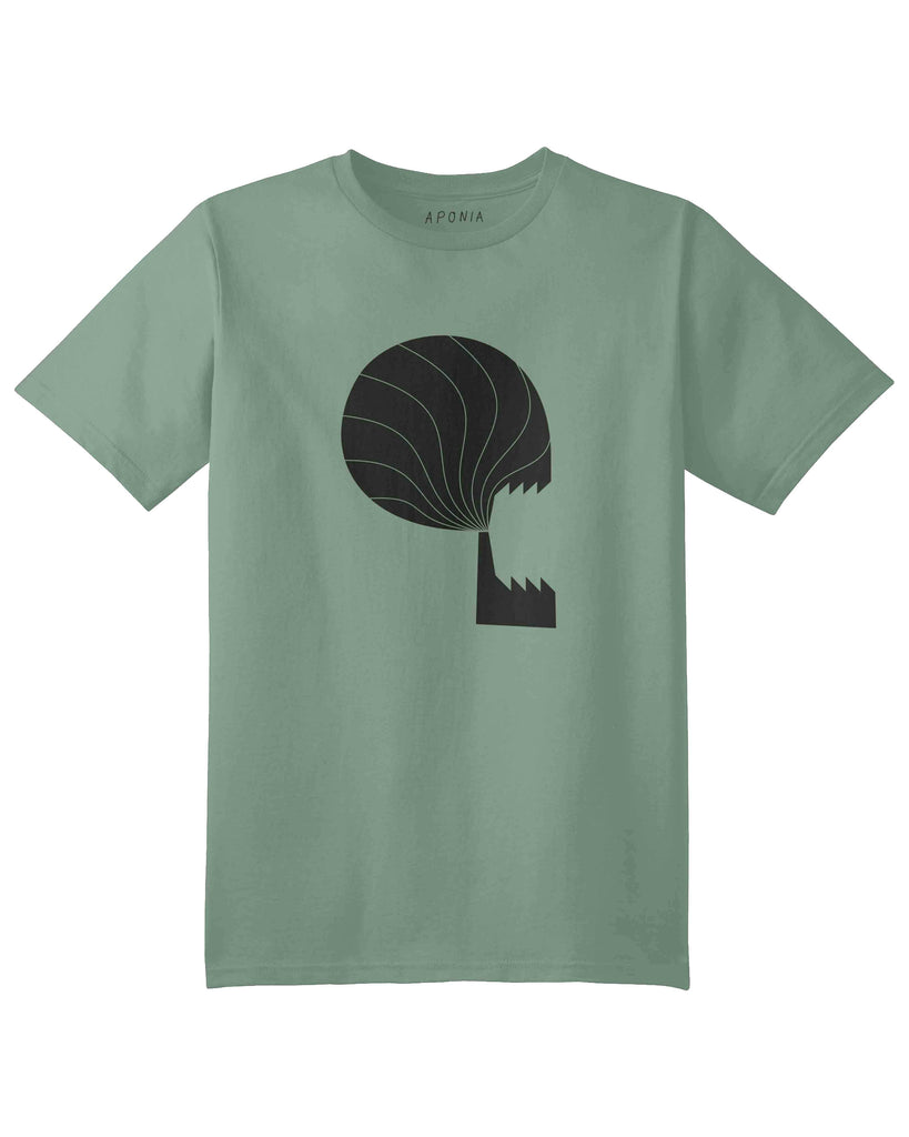 A green t shirt with graphic of a factory with a skull shape smoke coming out of its chimney.