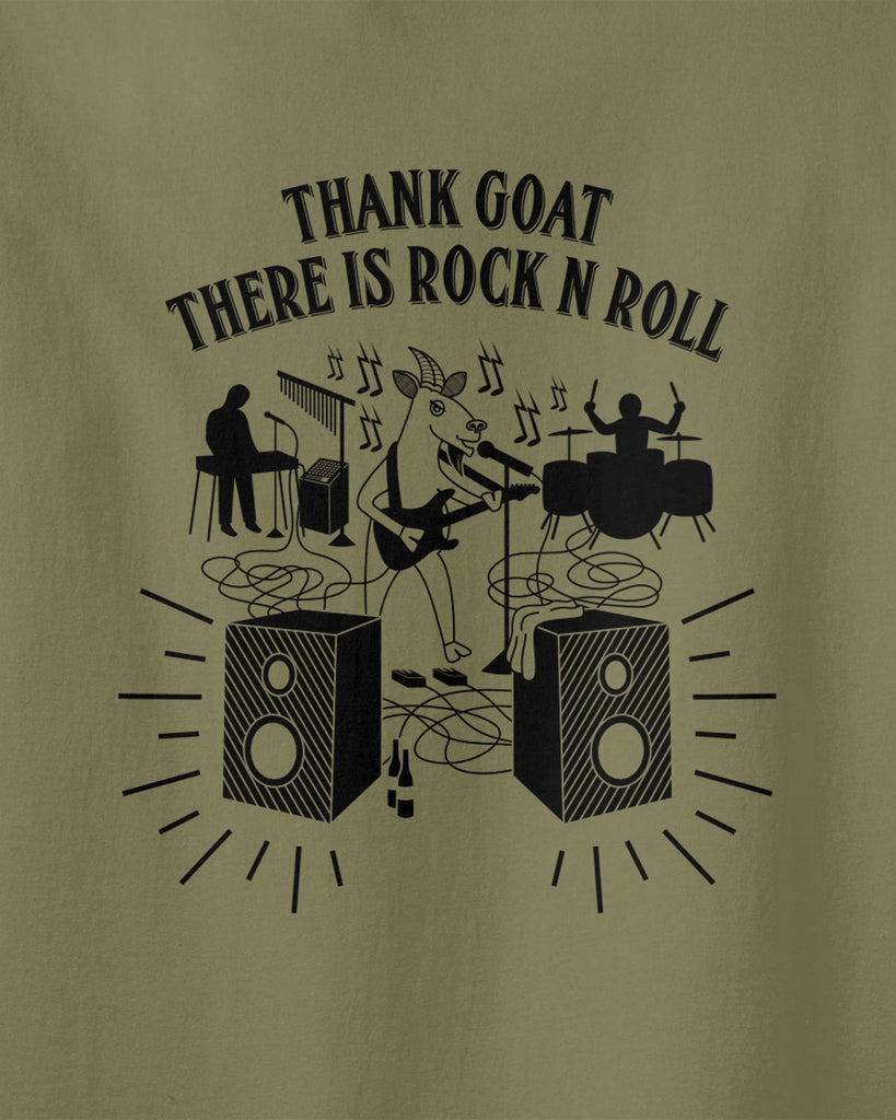 Graphic of a goat playing electronic guitar with his band and slogan of "thank goat there is rock n roll"