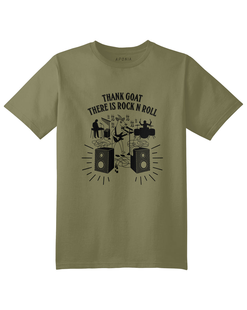 A green t shirt with a graphic of a goat playing electronic guitar with his band and slogan of "thank goat there is rock n roll"