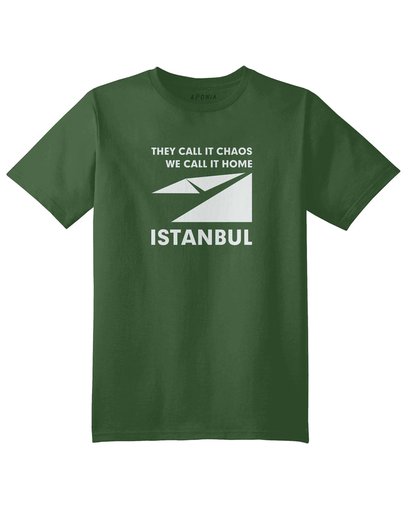 A green t shirt with the graphic of Istanbul map logo and slogan of "they call it chaos,we call it home"
