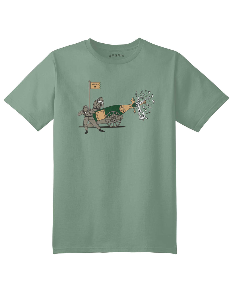 champagne t-shirts in green color, graphic of two soldiers shooting a champagne tank, Aponia tshirts