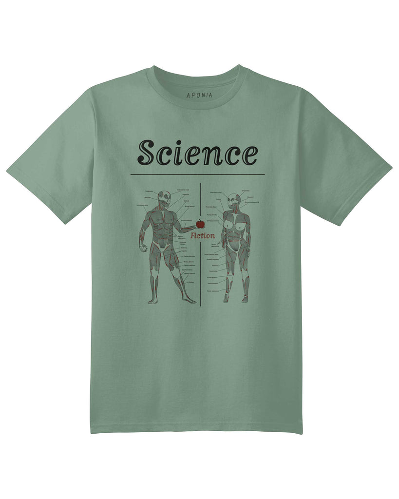science fiction tshirt in green color with the graphic of a man giving an apple to a woman and their body anatomy is visible, the text: science fiction 