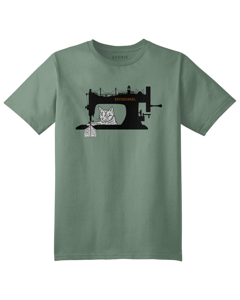 A Istanbul tshirt in green color with the graphic of cat sewing machine