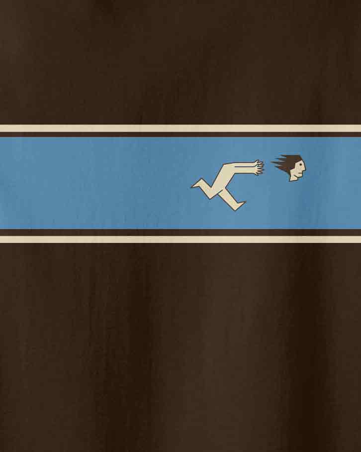 The graphic of a man chasing to catch his head on brown background and blue stripe. Aponia head chazer logo 