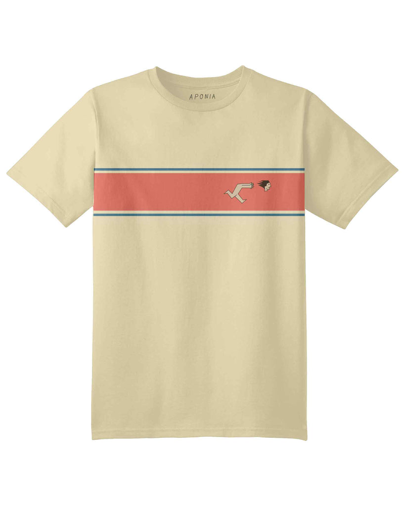 Aponia Head tshirt in yellow color, with orange stripe. The graphic of a man chasing to catch his head