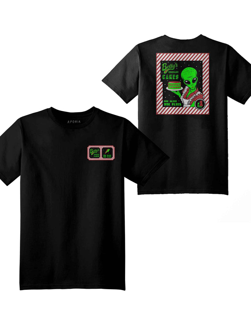 The front and back of a black graphic tee with an alien woman holding an space cake 