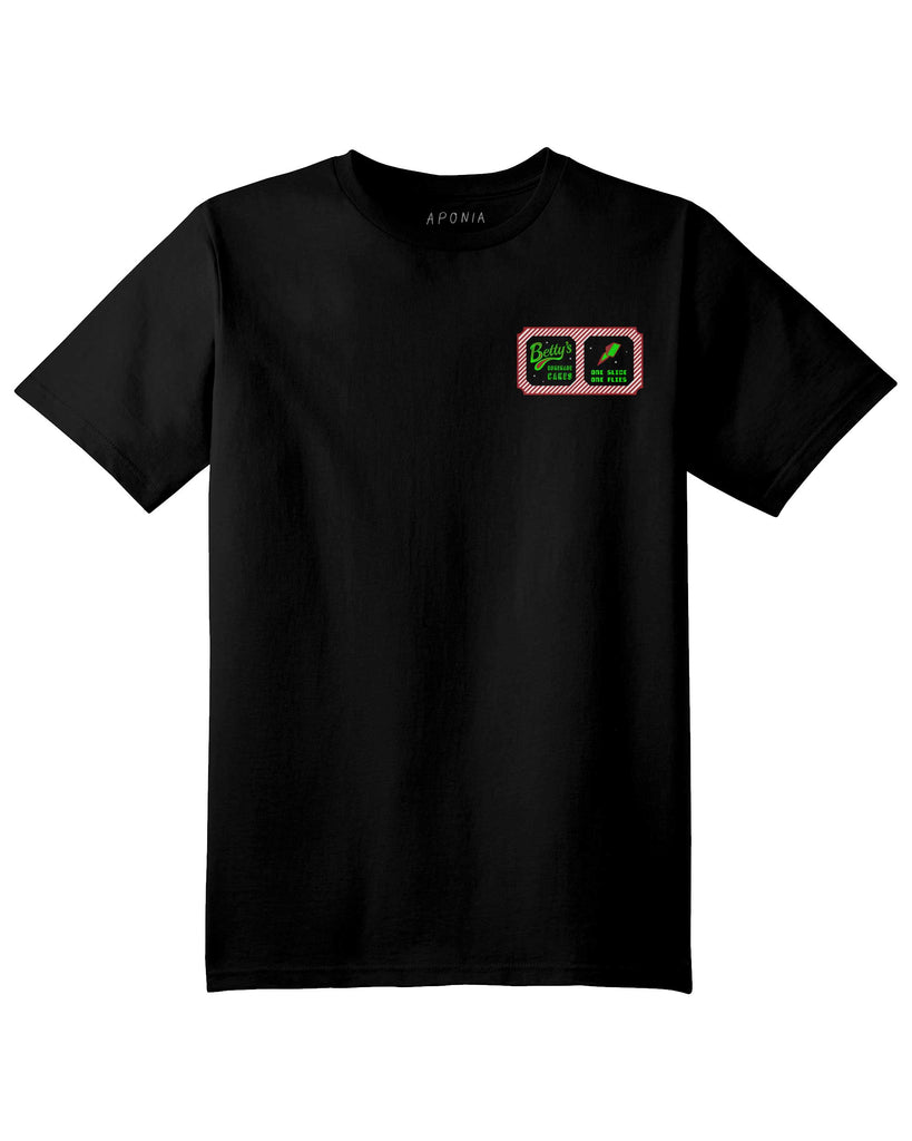 the front side of Betty's space cake t shirt  in black color. 