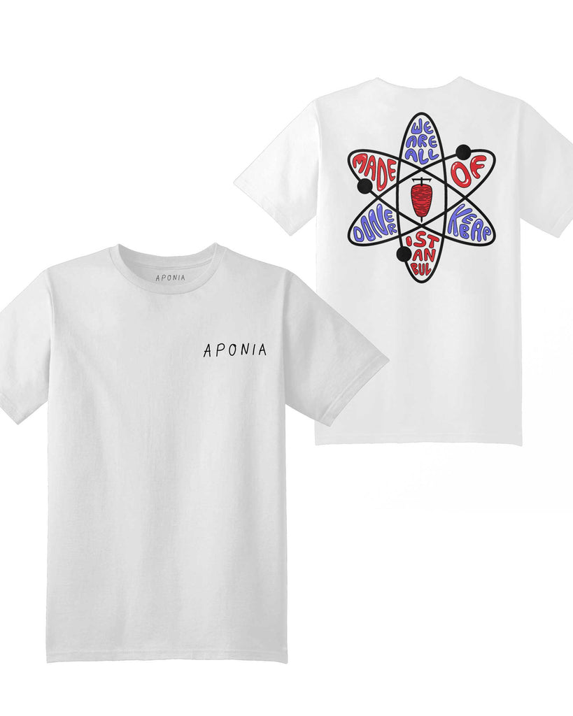 Doner kebab t shirt in White color front and back, with the graphic of an atom with a doner kebab in the nucleus. text: Aponia, We are all made of doner kebab Istanbul, Aponia