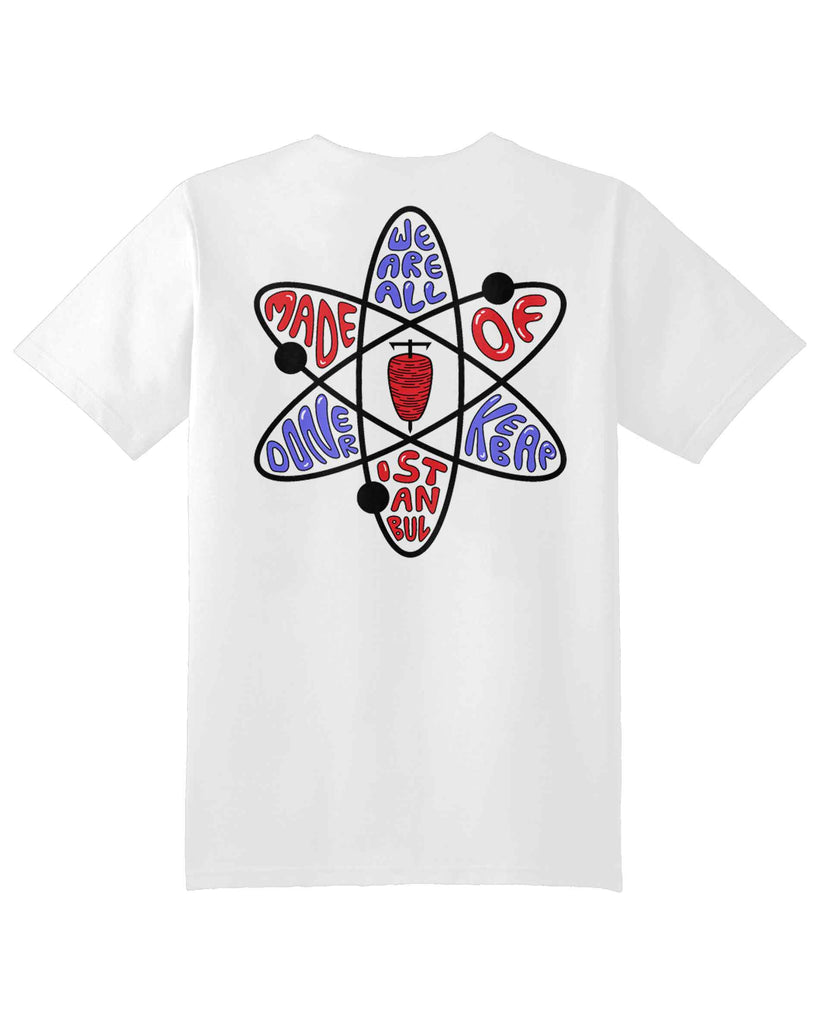 Doner kebab t shirt in White color back, with the graphic of an atom with a doner kebab in the nucleus. text: Aponia, We are all made of doner kebab Istanbul, Aponia