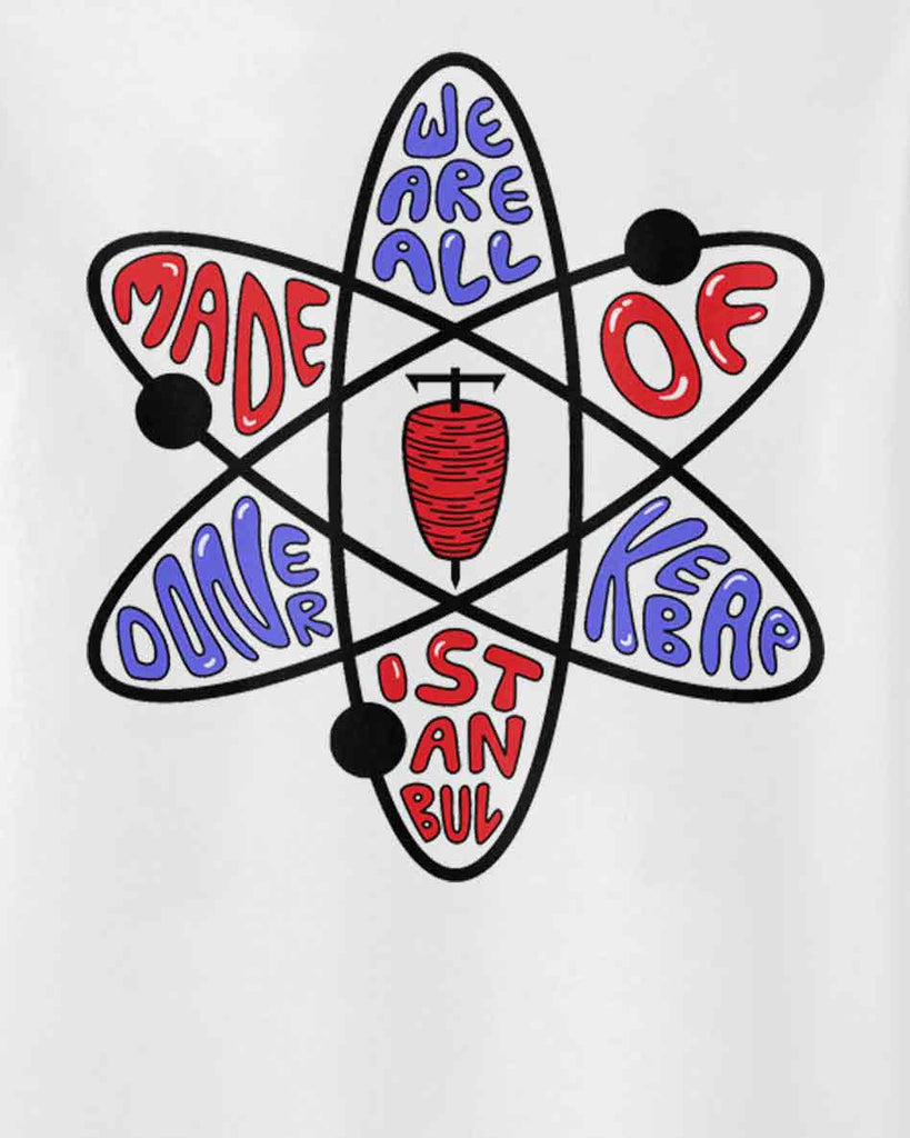 Doner kebab t shirt in White color front and back, with the graphic of an atom with a doner kebab in the nucleus. text: Aponia, We are all made of doner kebab Istanbul, Aponia