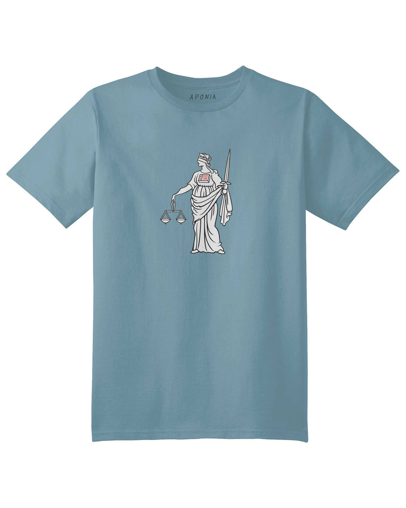 Justice tshirt in blue color, is the graphic of lady justice with a vending machine on the chest and the text: insert the coin 